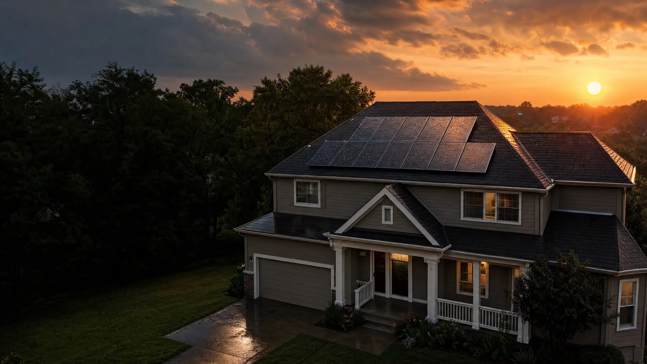 Two-story suburban home with rain-wet rooftop solar panels as the sun sets after a storm
